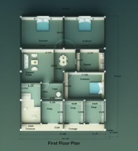 30x45 mixed-use 3D floor plan featuring three shops at the front, central staircase access, drawing room, dining area, kitchen, common toilet, and three bedrooms at the rear. The layout shows a commercial frontage with three shops opening toward the main road. Behind the shops, a staircase provides vertical access to upper floors. The residential portion includes a spacious drawing room connected to a dining area, a separate kitchen, a common toilet, one bedroom near the middle section, and two bedrooms positioned at the back for privacy. This 3D rendered floor plan illustrates a 3BHK configuration on a 30 by 45 feet plot suitable for rental or mixed-use development.