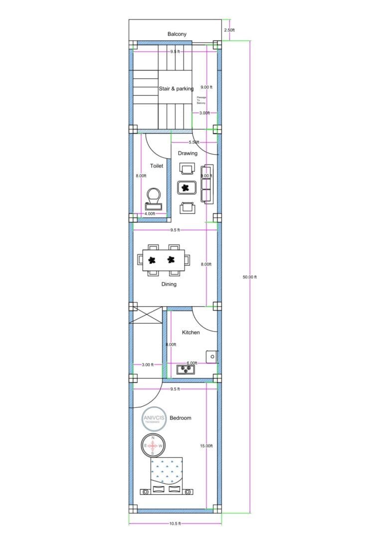 10.5x50 north facing narrow plot 1BHK house plan with balcony parking dining kitchen layout (Alternative variations) • 10.5 feet wide 50 feet deep 1BHK house plan north facing • Narrow 10.5x50 residential floor plan with staircase and balcony • Compact north facing 1BHK layout with dining and parking