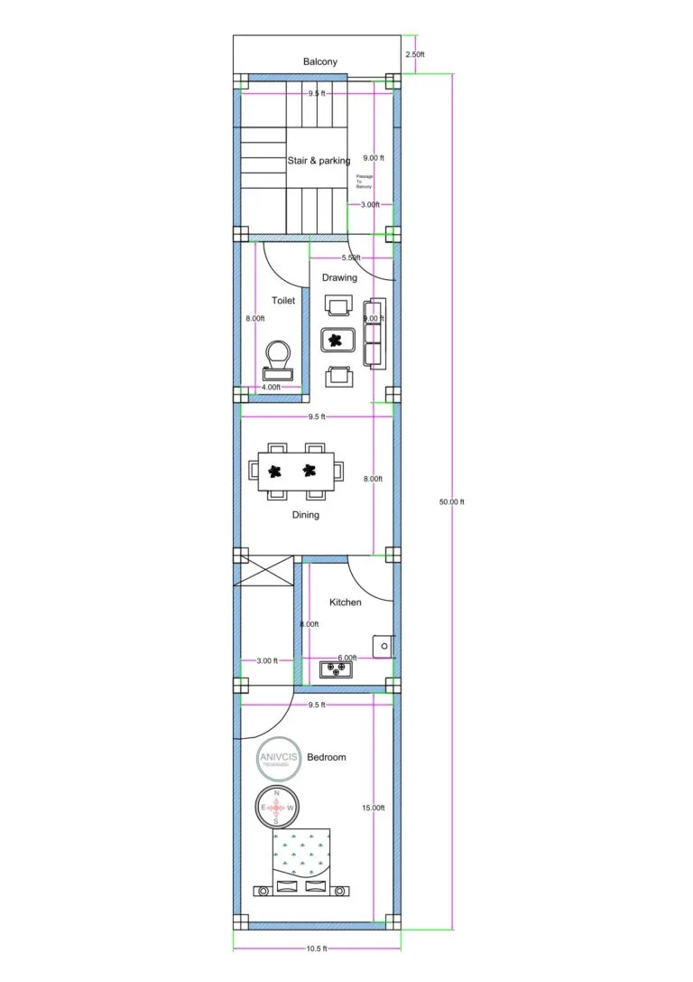 10.5x50 north facing narrow plot 1BHK house plan with balcony parking dining kitchen layout (Alternative variations) • 10.5 feet wide 50 feet deep 1BHK house plan north facing • Narrow 10.5x50 residential floor plan with staircase and balcony • Compact north facing 1BHK layout with dining and parking