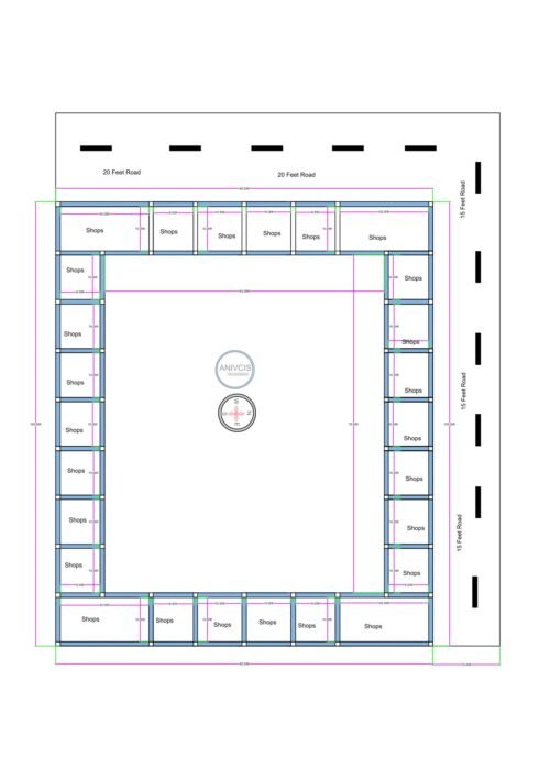 “2D floor plan of a 100×100 ft shopping complex or mall featuring a large central open courtyard surrounded by rows of shops on all four sides. The design shows uniform shop spaces lining the perimeter, clear passageways around the courtyard, corner entries, and adjacent roads on at least two sides. The central void allows visibility and movement between shopfronts, while the outer ring of shops faces the exterior roads, suitable for a compact retail mall or shopping arcade.”