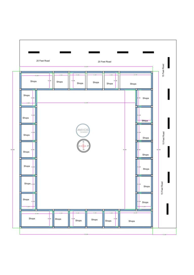 “2D floor plan of a 100×100 ft shopping complex or mall featuring a large central open courtyard surrounded by rows of shops on all four sides. The design shows uniform shop spaces lining the perimeter, clear passageways around the courtyard, corner entries, and adjacent roads on at least two sides. The central void allows visibility and movement between shopfronts, while the outer ring of shops faces the exterior roads, suitable for a compact retail mall or shopping arcade.”
