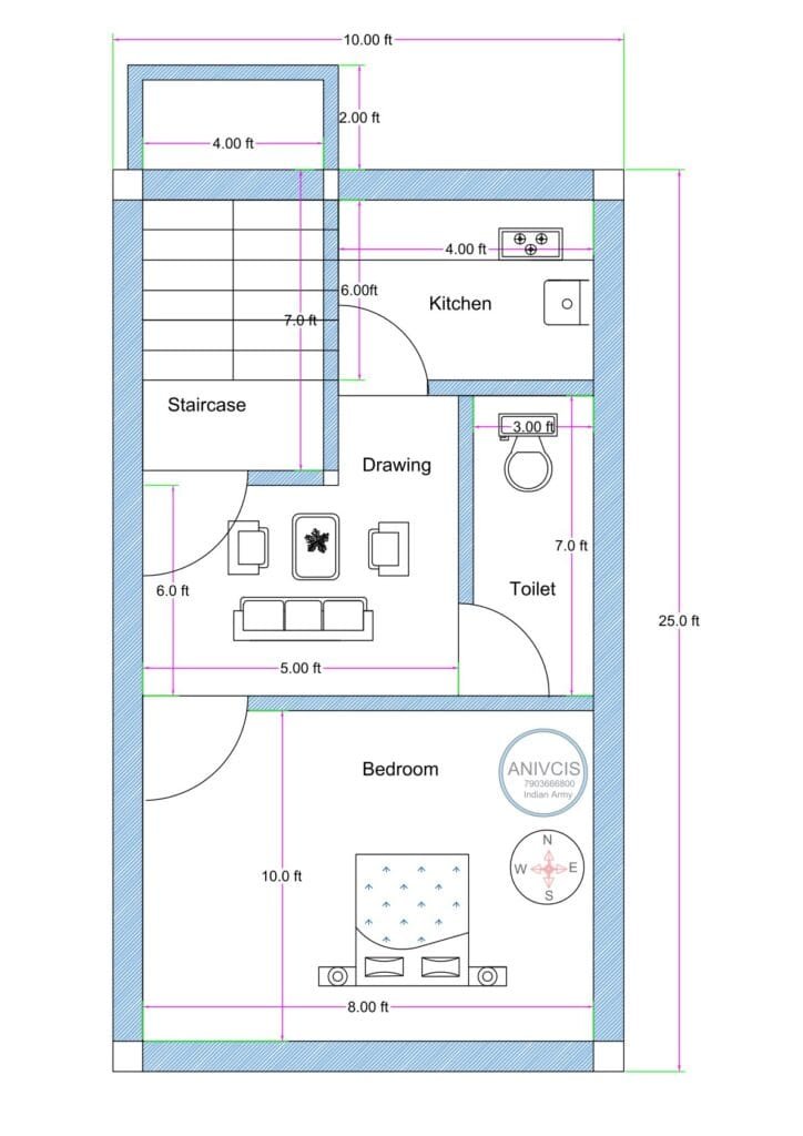 10x25 feet compact 1BHK house plan with staircase drawing kitchen toilet and bedroom layout (Alternative variations) • 10 feet wide small plot 1BHK house plan • Compact 10x25 rectangular floor plan design • Narrow 25 ft deep house layout with staircase