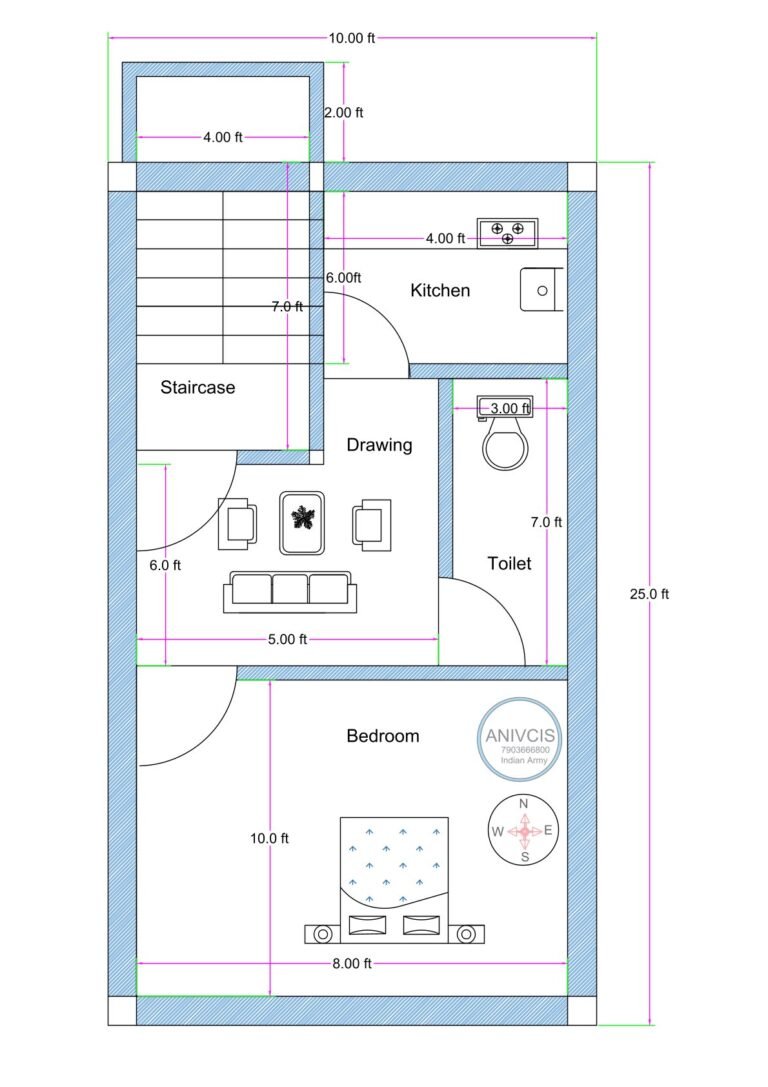 10x25 feet compact 1BHK house plan with staircase drawing kitchen toilet and bedroom layout (Alternative variations) • 10 feet wide small plot 1BHK house plan • Compact 10x25 rectangular floor plan design • Narrow 25 ft deep house layout with staircase