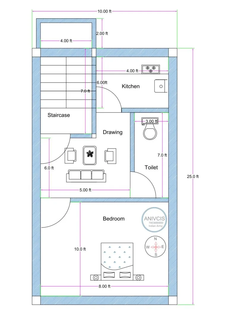10x25 feet compact 1BHK house plan with staircase drawing kitchen toilet and bedroom layout (Alternative variations) • 10 feet wide small plot 1BHK house plan • Compact 10x25 rectangular floor plan design • Narrow 25 ft deep house layout with staircase