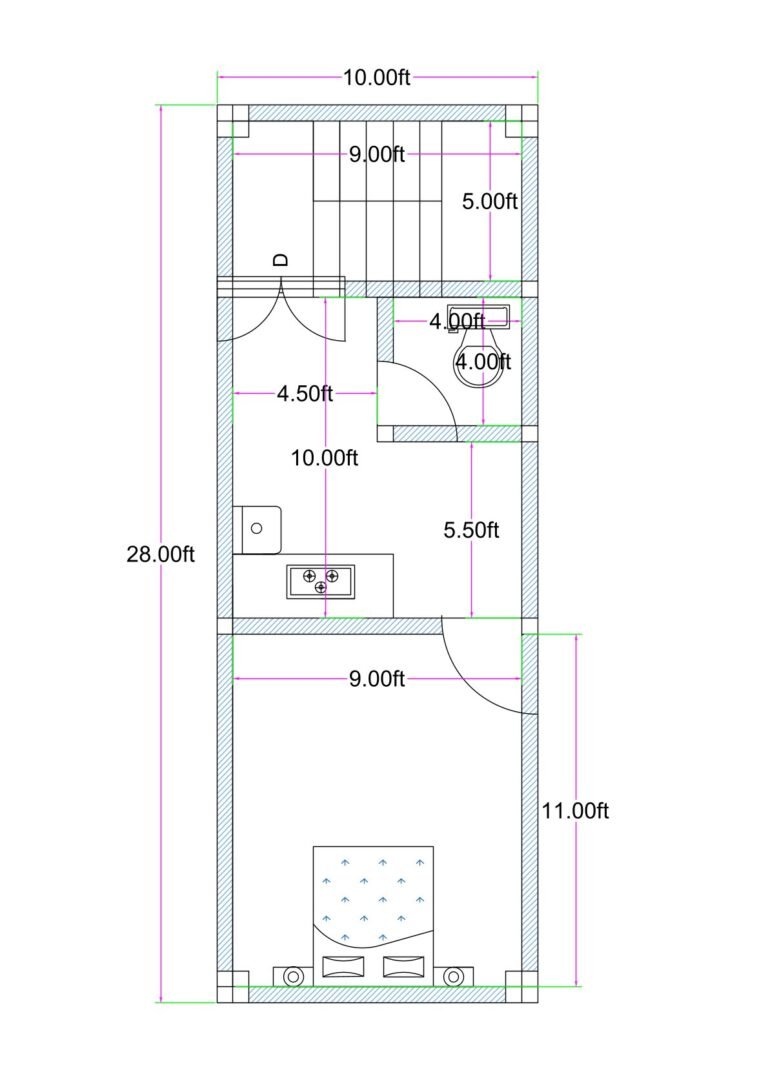 10x28 feet compact 1BHK house plan with staircase kitchen toilet and bedroom layout (Alternative variations) • 10 feet wide 28 feet deep small house plan • Compact 10x28 rectangular 1BHK floor design • Narrow urban 1BHK layout with staircase