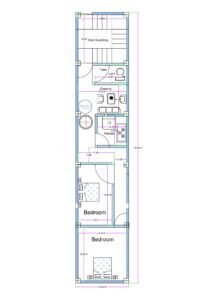 10x50 feet narrow plot 2BHK house plan with staircase parking kitchen and two bedrooms layout (Alternative variations) • 10 feet wide 50 feet deep 2BHK floor plan • Compact 10x50 rectangular house design with two bedrooms • Narrow urban 2BHK layout with staircase and parking