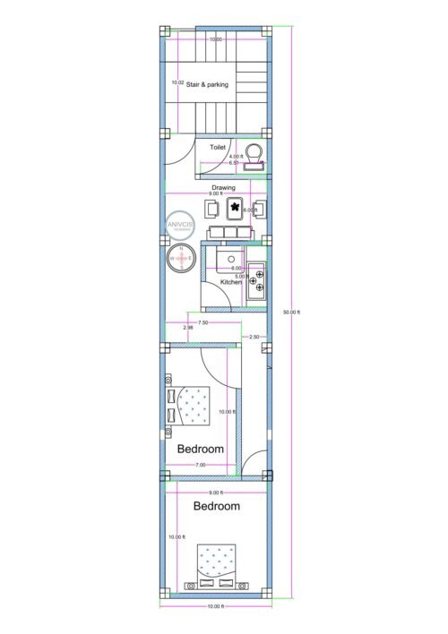 10x50 feet narrow plot 2BHK house plan with staircase parking kitchen and two bedrooms layout (Alternative variations) • 10 feet wide 50 feet deep 2BHK floor plan • Compact 10x50 rectangular house design with two bedrooms • Narrow urban 2BHK layout with staircase and parking