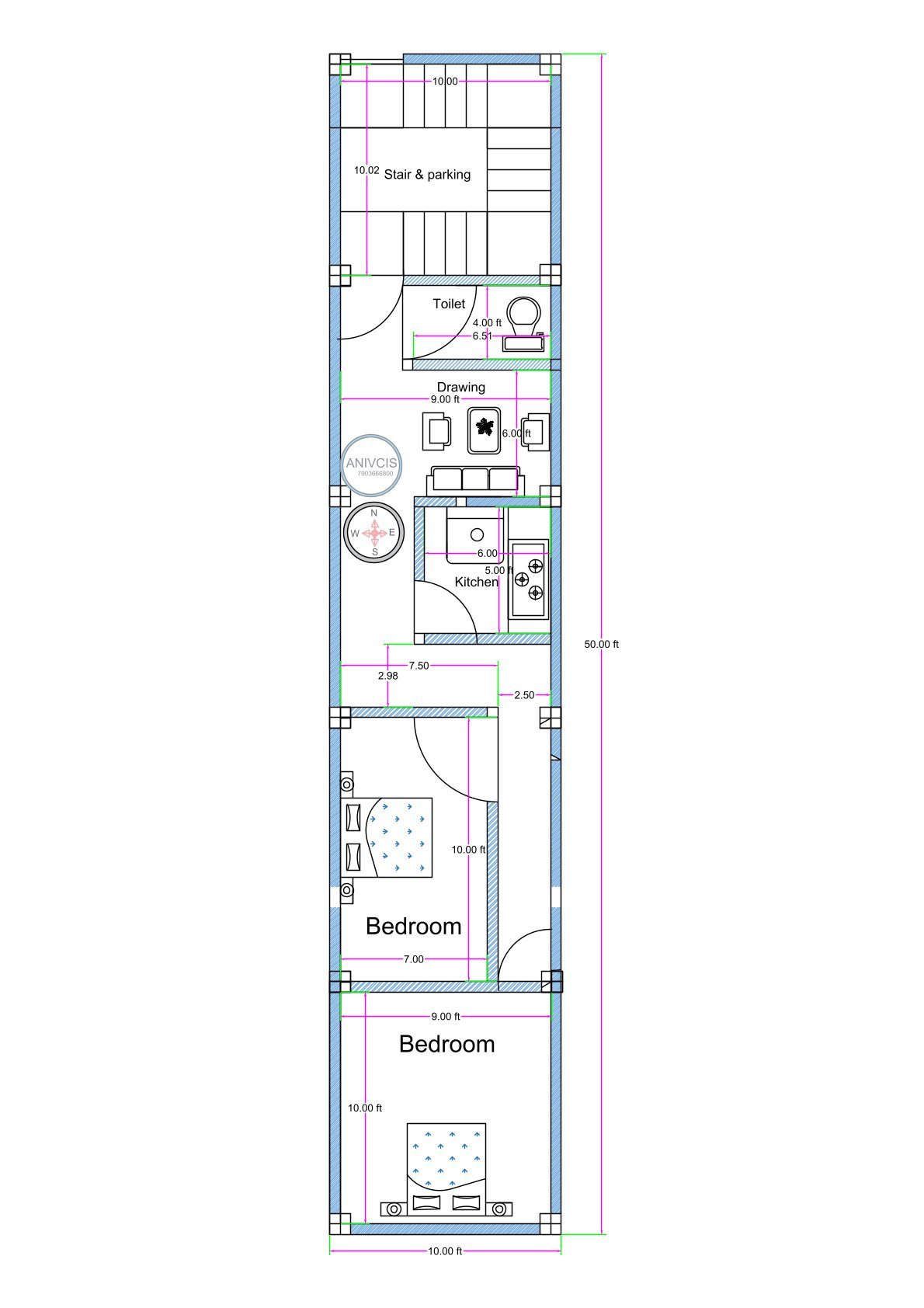 10x50 feet narrow plot 2BHK house plan with staircase parking kitchen and two bedrooms layout (Alternative variations) • 10 feet wide 50 feet deep 2BHK floor plan • Compact 10x50 rectangular house design with two bedrooms • Narrow urban 2BHK layout with staircase and parking