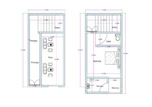 11x22 mixed use building plan ground floor shop with 1BHK first floor house layout (Alternative variations) • 11 feet wide shop with residential 1BHK above plan • 11x22 commercial plus residential building design • Small plot shop and house combination floor plan