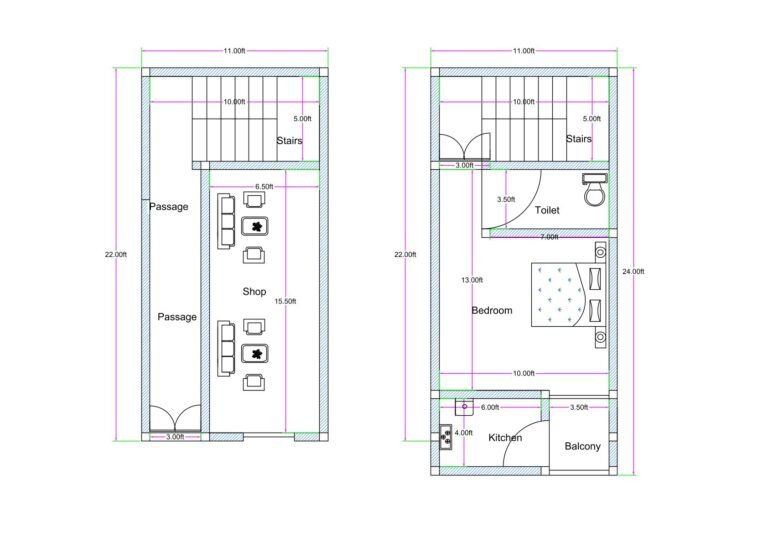 11x22 mixed use building plan ground floor shop with 1BHK first floor house layout (Alternative variations) • 11 feet wide shop with residential 1BHK above plan • 11x22 commercial plus residential building design • Small plot shop and house combination floor plan