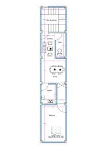 11x56 feet narrow plot 1BHK house plan with staircase parking dining kitchen and bedroom layout (Alternative variations) • 11 feet wide 56 feet deep compact 1BHK floor plan • Narrow rectangular 11x56 house layout design • Long depth urban 1BHK house plan with staircase