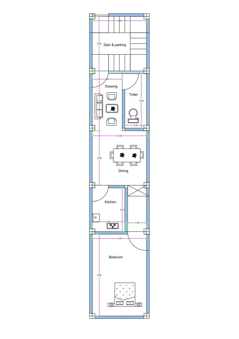 11x56 feet narrow plot 1BHK house plan with staircase parking dining kitchen and bedroom layout (Alternative variations) • 11 feet wide 56 feet deep compact 1BHK floor plan • Narrow rectangular 11x56 house layout design • Long depth urban 1BHK house plan with staircase
