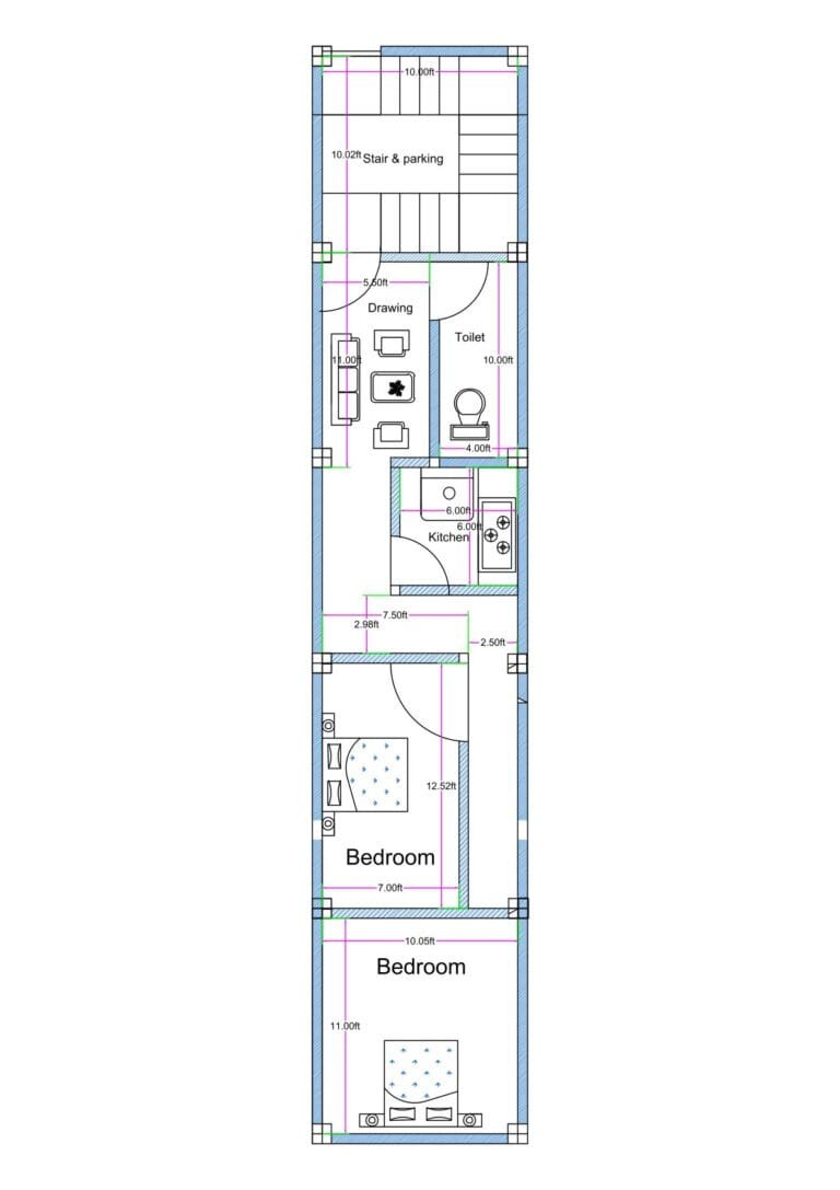 11x56 feet narrow plot 2BHK house plan with staircase parking kitchen and two bedrooms layout Alternative variations: • 11 feet wide 56 feet deep 2BHK floor plan • Narrow rectangular 11x56 double bedroom house design • Long urban plot 2BHK layout with front staircase