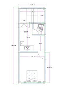 12x24 feet compact 1BHK house plan with staircase kitchen toilet and bedroom layout Alternative versions: • 12 feet by 24 feet small house floor plan • Compact 12x24 1BHK narrow plot design • Small urban 1 bedroom house plan with front staircase
