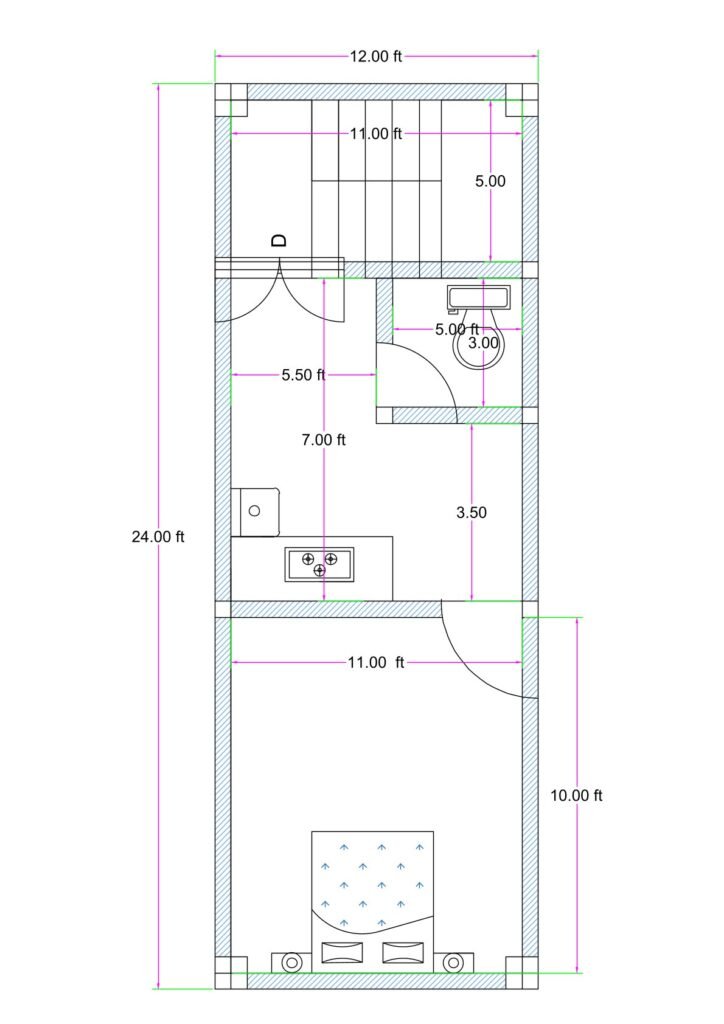 12x24 feet compact 1BHK house plan with staircase kitchen toilet and bedroom layout Alternative versions: • 12 feet by 24 feet small house floor plan • Compact 12x24 1BHK narrow plot design • Small urban 1 bedroom house plan with front staircase