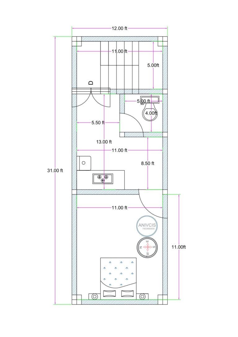 12x31 feet 2BHK narrow plot house plan with staircase kitchen toilet and two bedrooms layout Alternative options: • 12 feet by 31 feet compact 2 bedroom house plan • 12x31 small 2BHK floor plan for narrow plot • Compact 12 ft wide house layout with staircase provision
