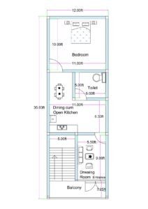 12x36 west facing 1BHK house plan with balcony drawing room open kitchen and staircase layout Alternative alt options: • 12 feet by 35.83 feet west facing house floor plan • 12 ft wide 1BHK west facing compact house design • West facing 12x36 narrow plot house layout
