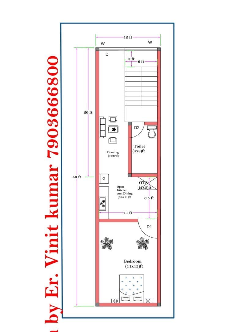 12x40 east facing 1BHK house plan with staircase open kitchen OTS and bedroom layout Alternative alt options: • 12 feet by 40 feet east facing narrow plot house plan • 12 ft wide 1BHK east facing compact home design • East facing 12x40 house floor plan with OTS and staircase