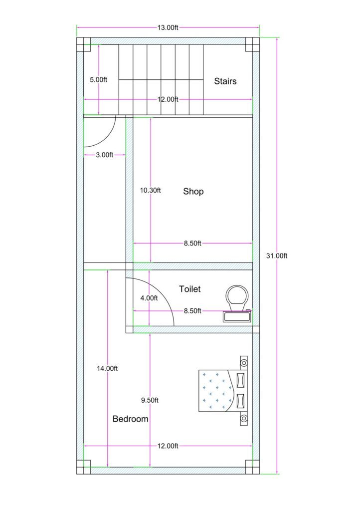 13x31 shop with bedroom plan narrow commercial residential layout with staircase and toilet Alternative alt options: • 13 feet by 31 feet shop cum room floor plan • 13x31 mixed use building plan with staircase • Narrow plot commercial cum residential design 13 ft wide