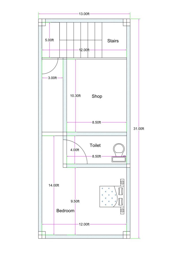 13x31 shop with bedroom plan narrow commercial residential layout with staircase and toilet Alternative alt options: • 13 feet by 31 feet shop cum room floor plan • 13x31 mixed use building plan with staircase • Narrow plot commercial cum residential design 13 ft wide