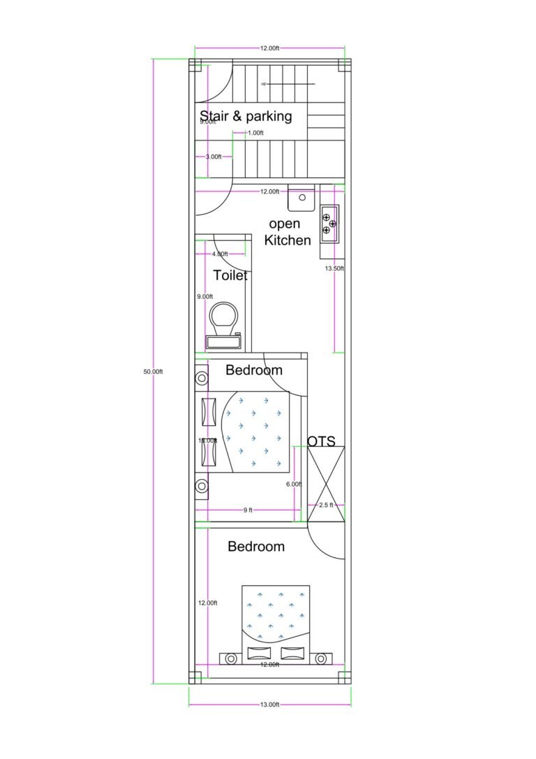 13x50 narrow plot 2BHK house plan with stair parking open kitchen OTS and two bedrooms