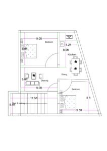 Irregular triangular plot 2BHK house plan with stair and parking at front, central drawing room, dining with kitchen, and two bedrooms on angled side layout.