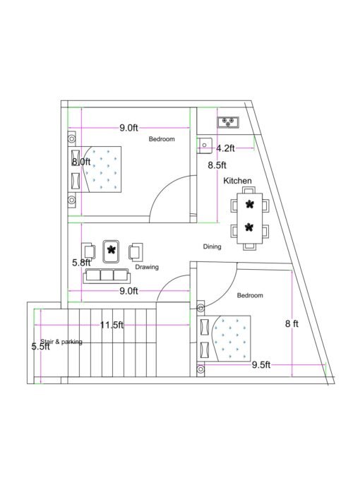 14.5X21.3 TRAPEZOIDAL PLOT 2BHK