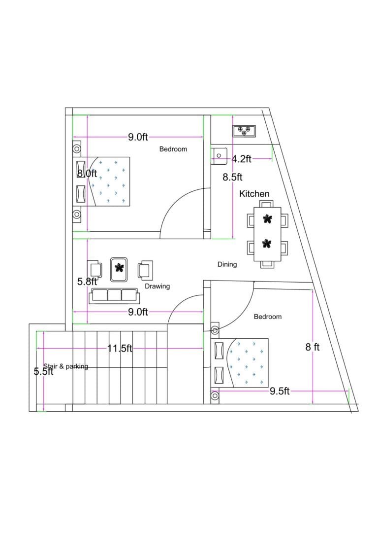 Irregular triangular plot 2BHK house plan with stair and parking at front, central drawing room, dining with kitchen, and two bedrooms on angled side layout.