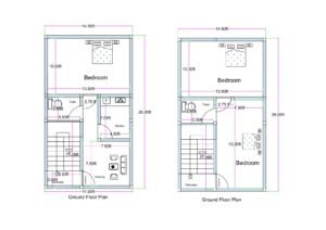 14.9x26 feet (approx. 15x26 or 15x25) south-facing two-floor house plan with kitchen and drawing room on ground floor and two bedrooms with one toilet on first floor.
