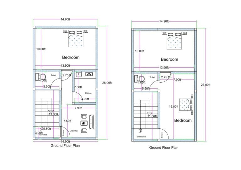 14.9x26 feet (approx. 15x26 or 15x25) south-facing two-floor house plan with kitchen and drawing room on ground floor and two bedrooms with one toilet on first floor.