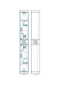 14x103 feet south-facing house plan with two 1BHK flats on first floor and open parking space on ground floor.