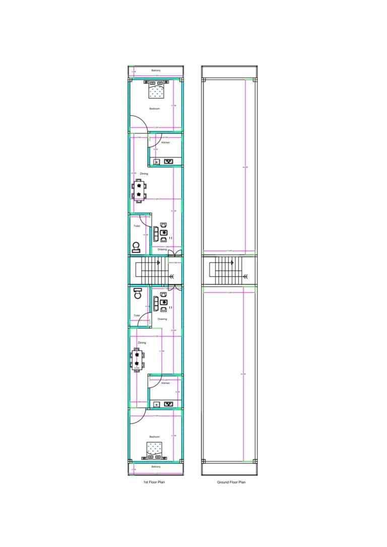 14x103 feet south-facing house plan with two 1BHK flats on first floor and open parking space on ground floor.