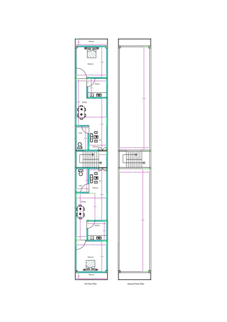 14x103 feet south-facing house plan with two 1BHK flats on first floor and open parking space on ground floor.
