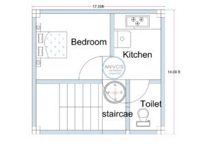 14x17 feet west-facing compact house plan with 12x10 bedroom, kitchen, toilet, and smart 4x10 staircase layout with 5-inch walls and 10x10 columns.
