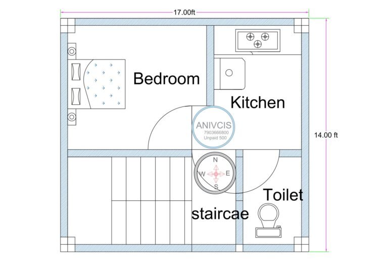 14x17 feet west-facing compact house plan with 12x10 bedroom, kitchen, toilet, and smart 4x10 staircase layout with 5-inch walls and 10x10 columns.