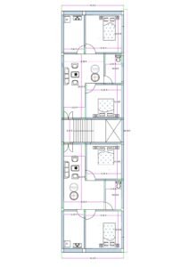 15x84 feet apartment floor plan with two 2BHK flats, front parking on ground floor, staircase and lift provision for rental building.