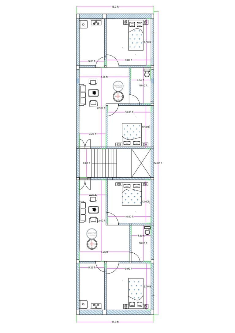 15x84 feet apartment floor plan with two 2BHK flats, front parking on ground floor, staircase and lift provision for rental building.