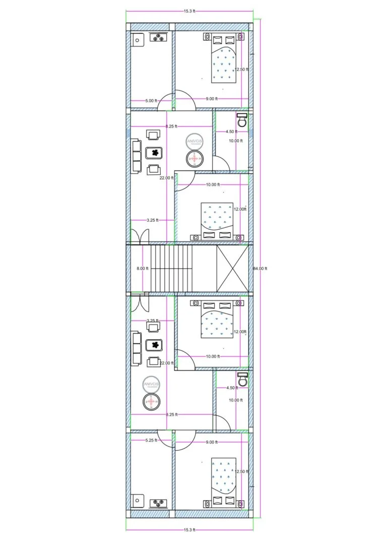 15x84 feet apartment floor plan with two 2BHK flats, front parking on ground floor, staircase and lift provision for rental building.