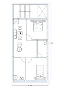 15x45 west-facing 2BHK house plan with front dog-legged staircase, two 10x12.5 ft bedrooms, L-shaped drawing room, 8x4 ft toilet, and compact kitchen layout.