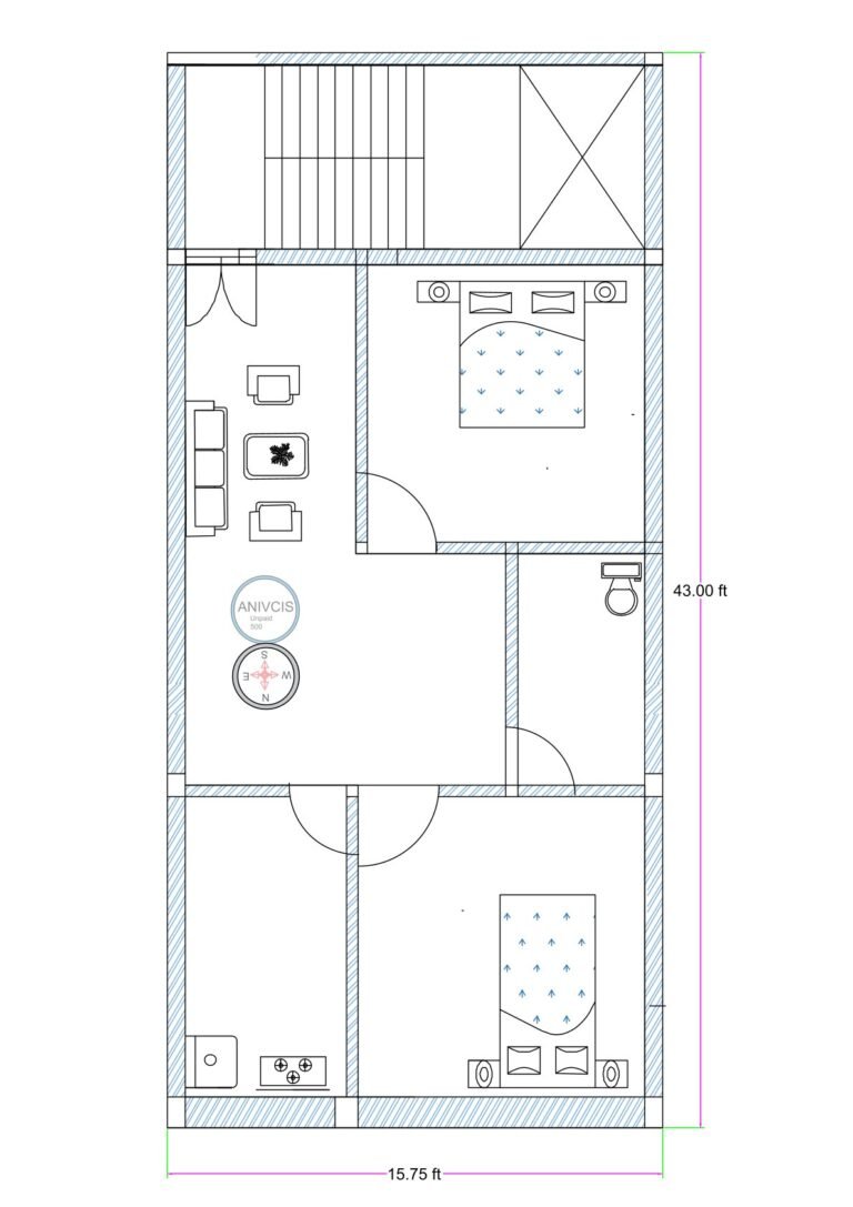 15x45 west-facing 2BHK house plan with front dog-legged staircase, two 10x12.5 ft bedrooms, L-shaped drawing room, 8x4 ft toilet, and compact kitchen layout.