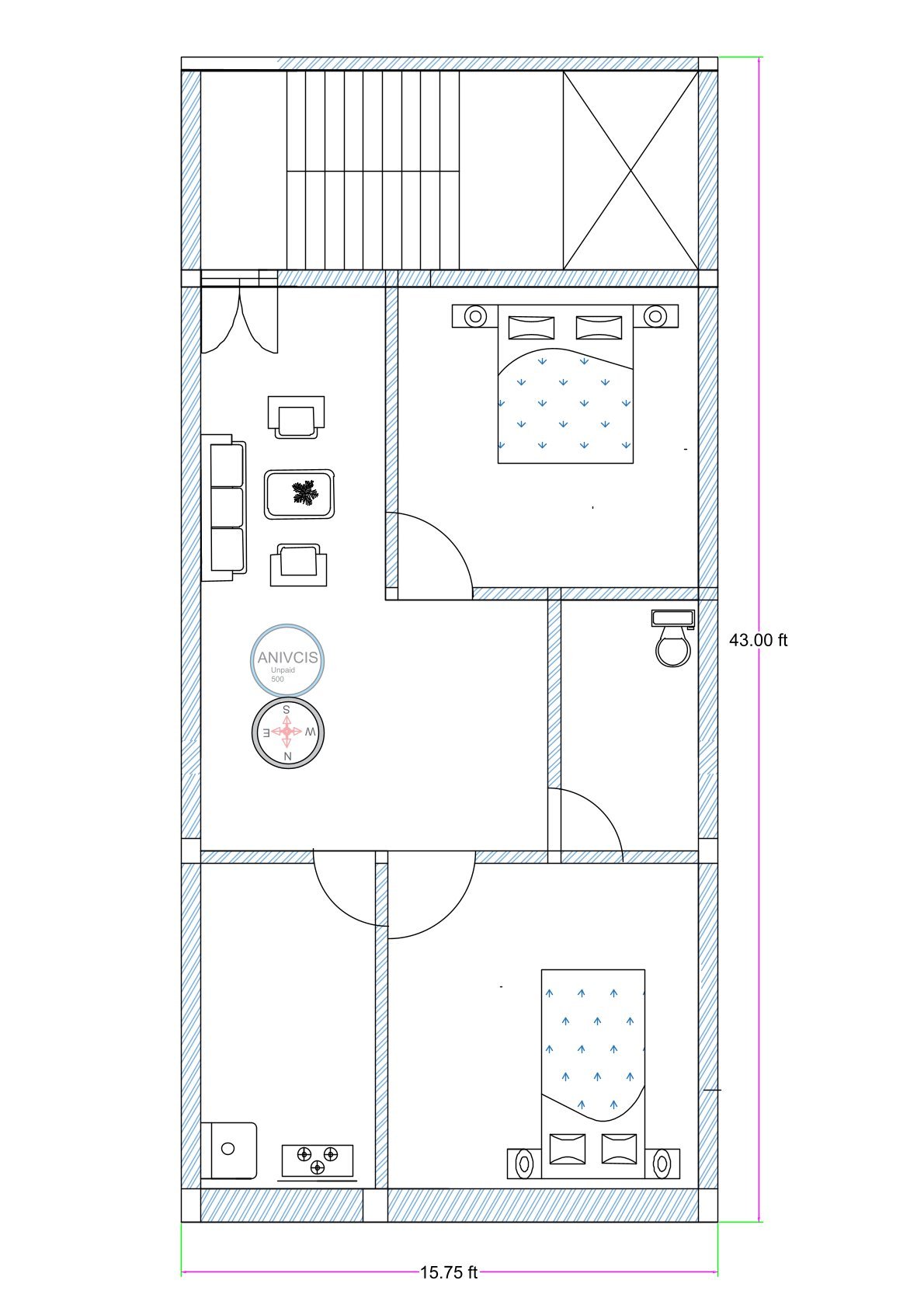 15x45 west-facing 2BHK house plan with front dog-legged staircase, two 10x12.5 ft bedrooms, L-shaped drawing room, 8x4 ft toilet, and compact kitchen layout.
