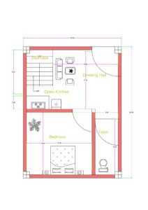 15x20 feet south-facing compact house plan with 1 bedroom, drawing hall, open kitchen, staircase, and attached toilet designed as per Vastu.