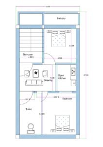 2D architectural floor plan of a 15x27 feet narrow plot house design (adjustable for 15x30), showing staircase at front left, drawing room, open kitchen, bedroom, toilet, balcony, and room dimensions clearly marked for G+2 residential construction.