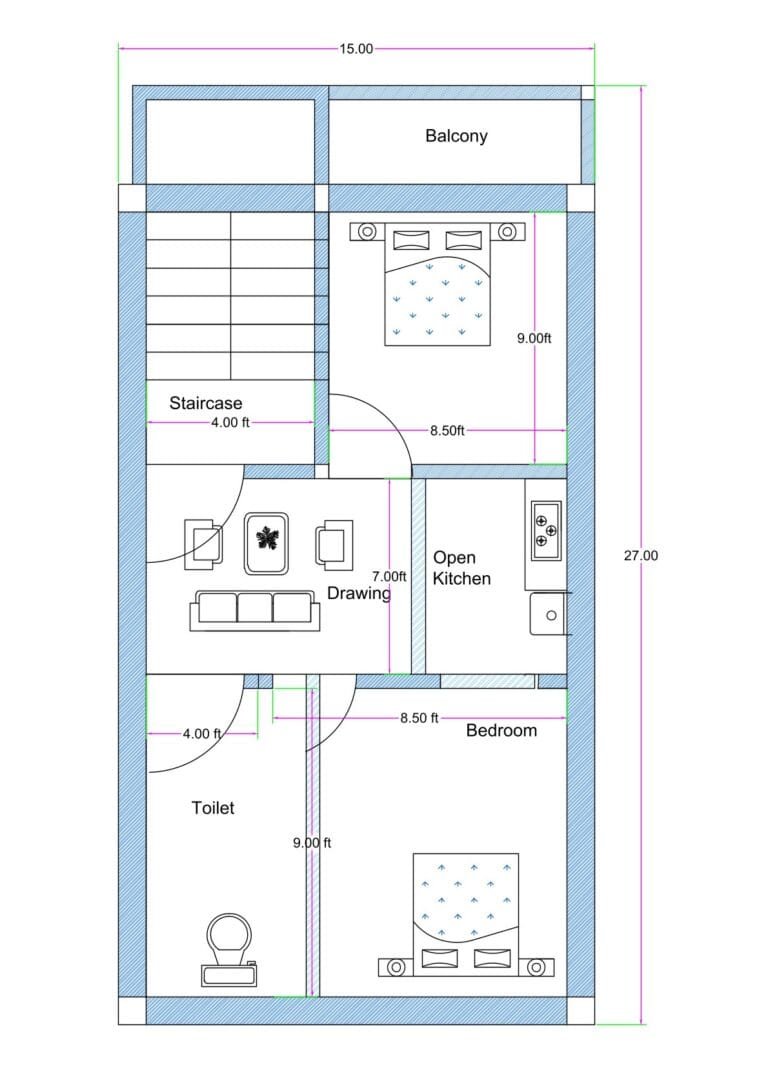 2D architectural floor plan of a 15x27 feet narrow plot house design (adjustable for 15x30), showing staircase at front left, drawing room, open kitchen, bedroom, toilet, balcony, and room dimensions clearly marked for G+2 residential construction.