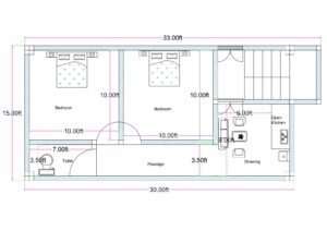 33x15 east-facing 2BHK house plan with front staircase entry, separate flat entrance, drawing room, passage, two bedrooms, open kitchen, and rear toilet layout.