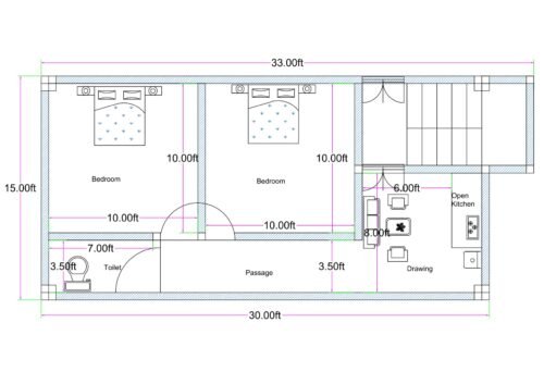 33x15 east-facing 2BHK house plan with front staircase entry, separate flat entrance, drawing room, passage, two bedrooms, open kitchen, and rear toilet layout.