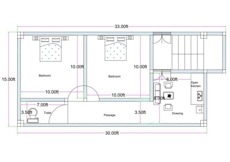 33x15 east-facing 2BHK house plan with front staircase entry, separate flat entrance, drawing room, passage, two bedrooms, open kitchen, and rear toilet layout.