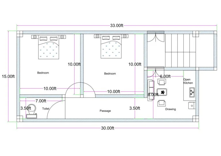33x15 east-facing 2BHK house plan with front staircase entry, separate flat entrance, drawing room, passage, two bedrooms, open kitchen, and rear toilet layout.