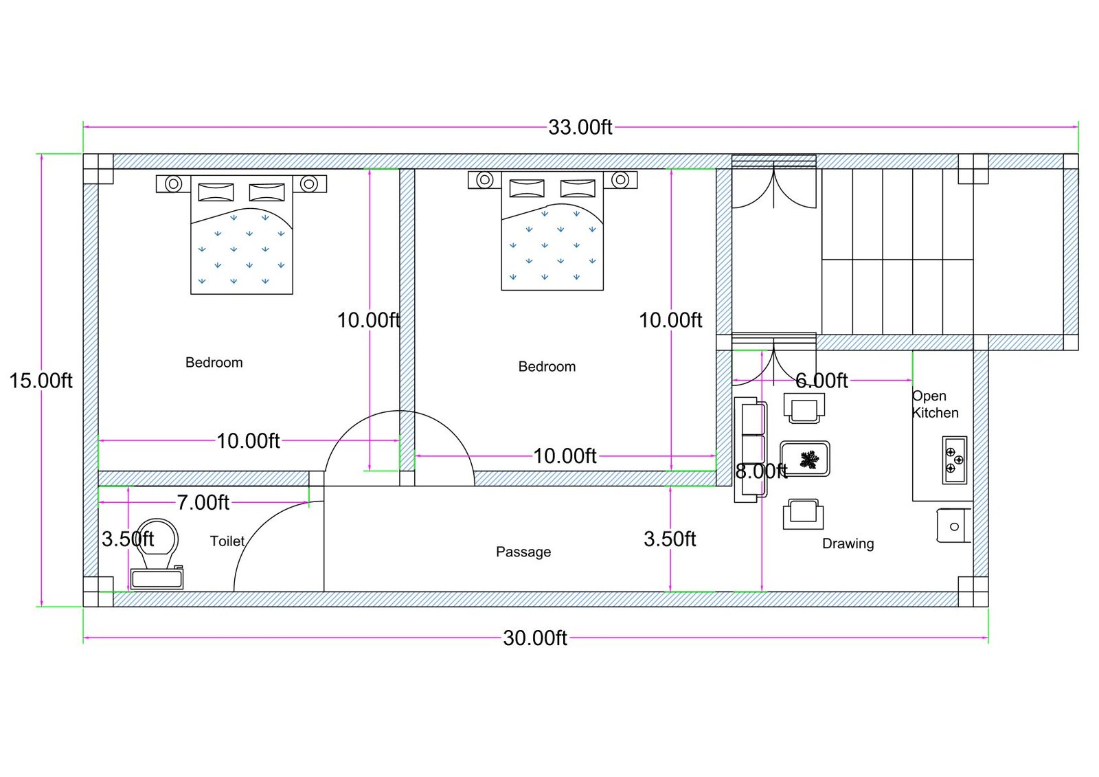 33x15 east-facing 2BHK house plan with front staircase entry, separate flat entrance, drawing room, passage, two bedrooms, open kitchen, and rear toilet layout.
