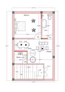 15x35 east-facing 1BHK house plan with northeast entrance, southeast kitchen, northwest bedroom and toilet, south staircase, drawing and dining layout.